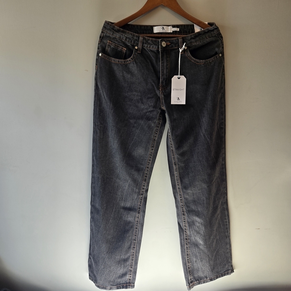 Classic Black/ Grey Denim Straight Leg Jeans High Rise Contrast Stitching